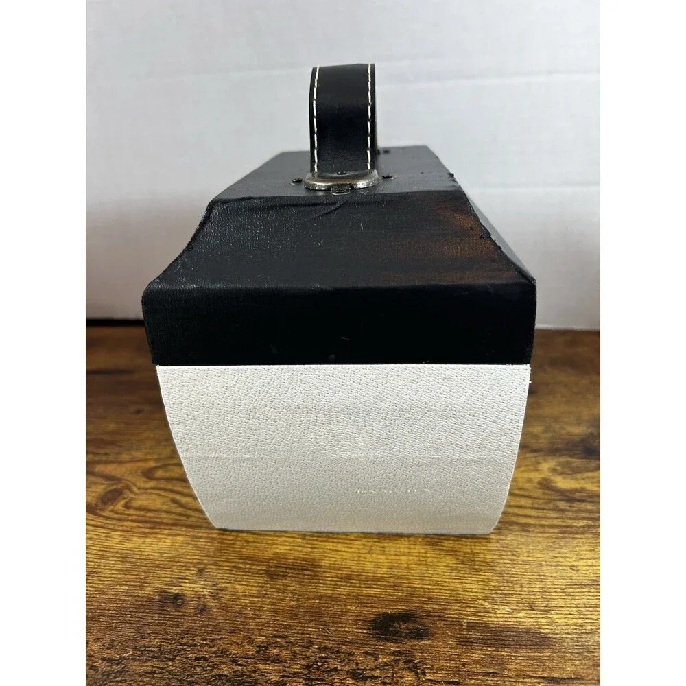 Black White Faux Leather Storage Box Decorative Trunk Case W/ Handle 8X6X7 Vtg